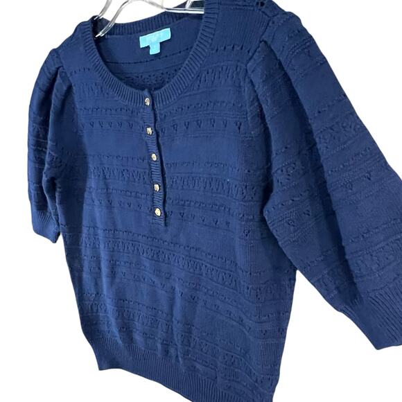 Draper James Annabelle Womens S Navy Blue Puff Sleeve Knitwear Preppy Coastal - Picture 3 of 14